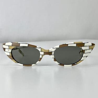 Vintage 1950'S Cat Eye Sunglasses - Brown &amp; White Checkered Pattern - HOLIDAY by Art Craft USA - Optical Quality - Dead Stock 