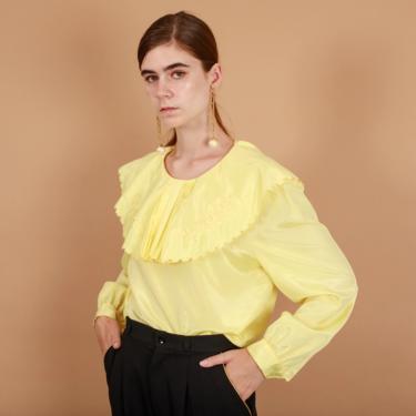 70s Pale Yellow Embroidered Collar Blouse Vintage Long Sleeve Bib Top 