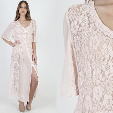 Pale Pink Grunge Dress 1990s Sheer Lace Dress Button Up Full Skirt Gypsy Dress Vintage 90s V Neck Floral Womens See Through Maxi Dress 