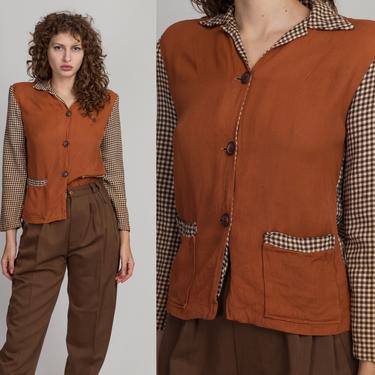1940s Burnt Orange Houndstooth Button Up Shirt - Medium | Vintage Distressed 40s Wool Pocket Shirt 