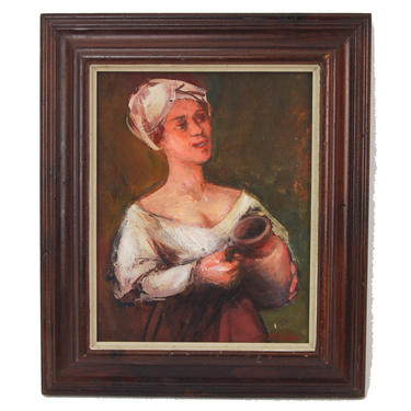 Mid-century Stylized Scullery Maid Oil Painting Walter Moskow Evanston Artist 