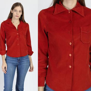 70s Red Corduroy Western Shirt - XXS | Vintage Girl's Button Up Collared Top 