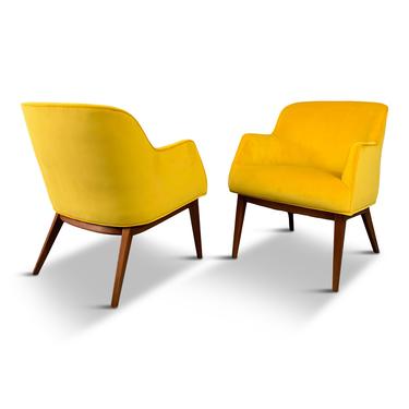 Mid Century Armchairs in Marigold Upholstery with a Walnut Frame by BL Marble