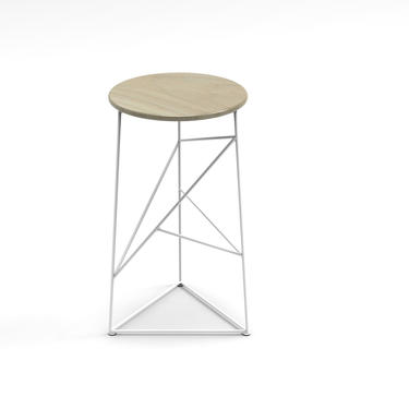 Stool,  Modern Steel Bar Stool in a White Finish with Solid Ash Seat 