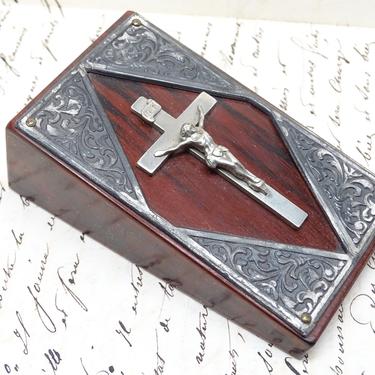 Antique Crucifix on Wood Paperweight, Jesus Christ on Cross, Vintage Religious Decor 
