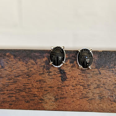 Black Onyx Vintage (NOS) Scarab Earring Studs (READY to SHIP) 