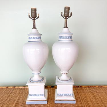 Pair of Robins Egg Blue and White Greek Key Lamps
