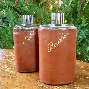 2 Vintage Leather Engraved Flasks - Bourbon, Scotch - Mens gift, Gift for him, husband, father, best man, cocktails, dapper, vintage GQ, 60s 