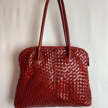 Vintage 90’s Woven leather purse dark brick Red~ stylish braided top handle hobo bag~ 1990s large handbag 