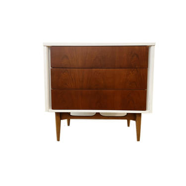 Petite Mid Century Dresser In Wood and White 