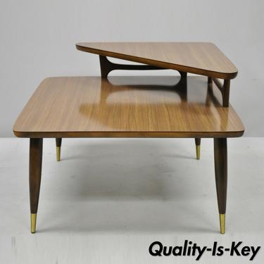 Mid Century Modern Two Tier Walnut &amp; Laminate Top Corner Occasional Side Table
