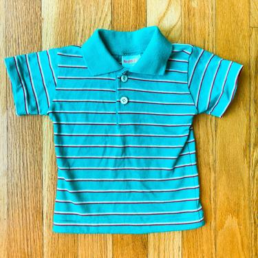 80s Toddler Healthtex Turquoise Striped Polo Shirt | 18 Months 