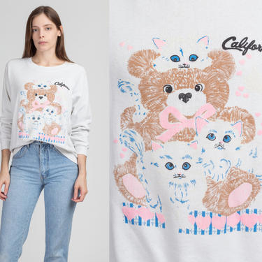 80s Teddy Bears & Kittens Sweatshirt - Extra Large | Vintage White Raglan Sleeve Graphic California Tourist Pullover 