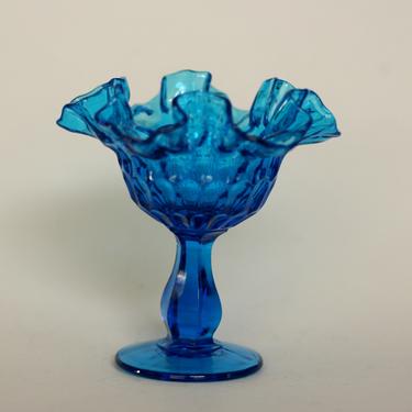 vintage fenton colonial blue thumbprint footed compote with ruffled edge 