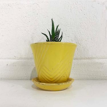 Vintage McCoy Style Butter Yellow Geometric Planter Sunshine Attached Saucer Mid-Century Pottery Pot 1950s 50s 