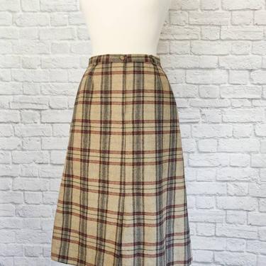Vintage Wool Plaid Skirt with Pockets // Brown Natural A-Line Skirt 