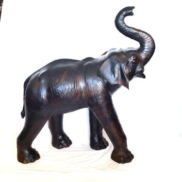 Vintage Large Leather Life Size Elephant Statue 