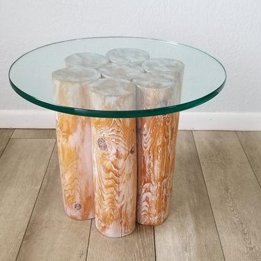 Postmodern Art Handmade Pine Wood Side Table With Glass Top 