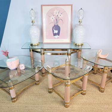 MN LOCALS ONLY Pink Brass/Silver Tusk Glass Console, Coffee &amp; End Tables 4pc Set Italian Designer Tommaso Barbi Hollywood Regency Art Deco 