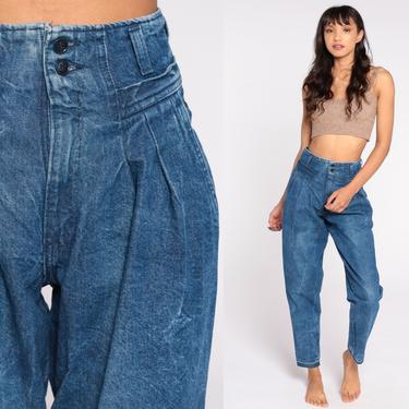 Pleated Mom Jeans 26 --- 90s Jeans High Waisted Denim Pants Tapered 80s Vintage Blue Paper Bag Jeans Small 