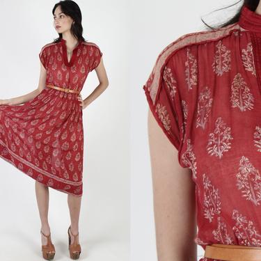 Vintage 70s Star India Dress Gold Floral Block Print Gauze Pakistan Thin Sheer Ethnic Mini Midi Dress 