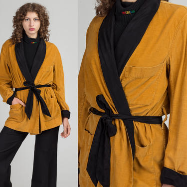 70s Yellow Corduroy Robe - One Size | Vintage Short Belted Wrap Smoking Jacket 