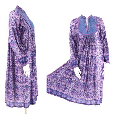 70s AMBER purple tissue cotton India print peasant dress M / vintage 1970s purple blue hippy festival caftan medium 