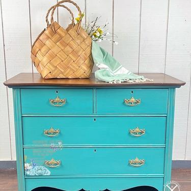 Antique Oak Dresser, Painted Blue/Green Body and Stained Top 