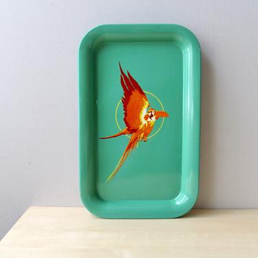jade green red parrot vintage tin tray - tropical decor beverage tray 