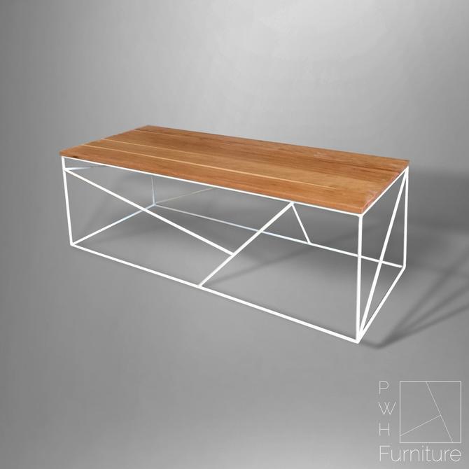 Modern Coffee Table with Solid Cherry Top and Geometric Steel Base 