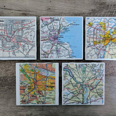 RESERVED for MELPDX Custom 5 location Handmade Vintage Map Coasters - Ceramic Tile - St Louis Portland New Orleans Boston Washington DC 