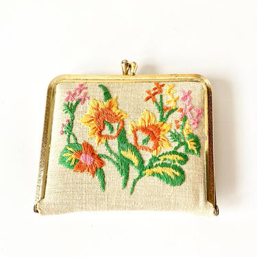 Vintage Embroidered Travel Mirror / Compact 