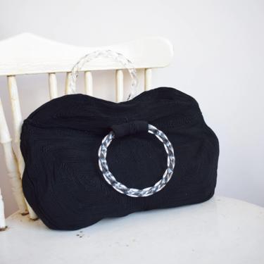 1940s Cordé Handbag with Lucite Handles | Vintage 40s Black Cord Purse with Clear Round Handles 