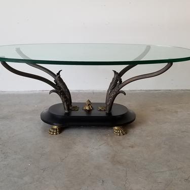 French Hollywood Regency Empire - Style Brass Claw Feet Oval Cocktail Table 