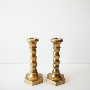 Set of Two Vintage Spiral Brass Taper Candlestick Holders 