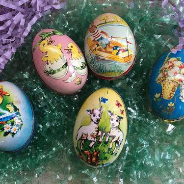 Vintage Tin Litho Eggs, Set Of 5 Eggs, Tin Candy Easter Eggs, Easter Decor 