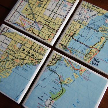 1981 Miami Florida Vintage Map Coasters Set of 4 - Ceramic Tile - Repurposed 1980s Atlas - Handmade - Miami Beach - South Florida - Coastal 