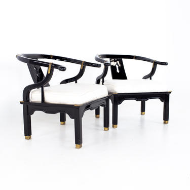 Chinoiserie Ming Style Baker Furniture Mid Century Brass and Black Lacquer Occasional Lounge Chairs - A Pair - mcm 