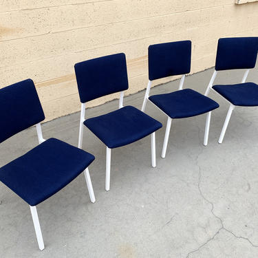 Set of 4 Mid Century Steelcase Chairs, Refinished in Gloss White and Denim