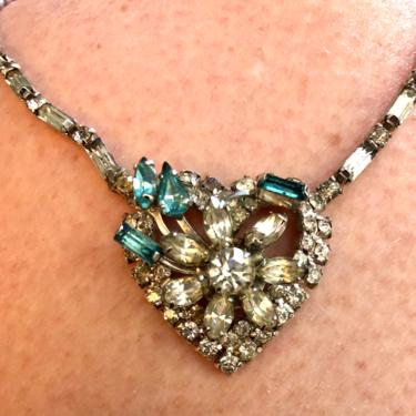 Vintage Crystal choker heart necklace, clear and blue crystal 
