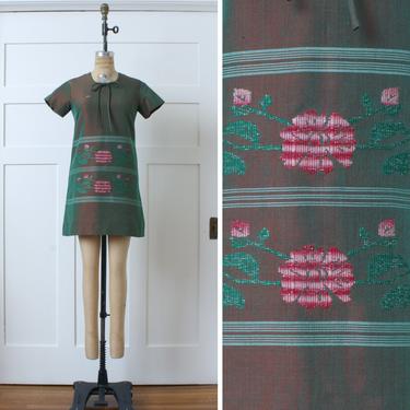 vintage 1960s minidress • cute green & pink shantung silk embroidered mod dress 