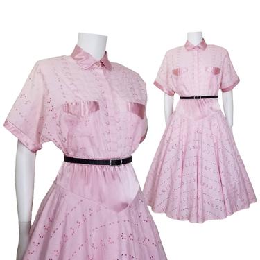 Vintage Eyelet Dress Set, Small / Pink Cotton Two Piece Dress Set / Square Dance Outfit / Short Sleeve Button Blouse and Circle Skirt Set 