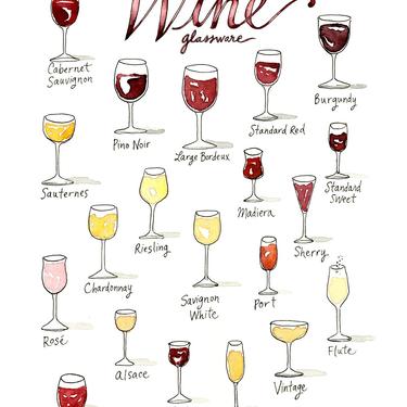 Wine Glassware Watercolor Art Print / Types of Wine Glasses Infographic
