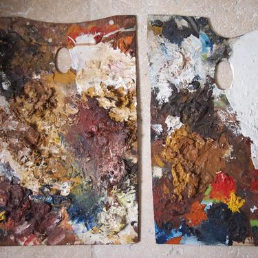 Pair 2 VINTAGE ARTIST PALETTES 16&amp;quot;H, Painter Paint Painting Impasto, Mid-Century Modern Abstract Expressionist Folk Outsider Art eames era 