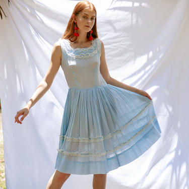 50s Pastel Blue Summer Cotton Dress Vintage Lace Ruffle Prairie Dress 