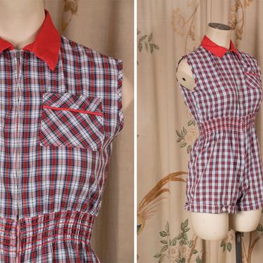1950s Playsuit - The Sophie Romper - Cute Vintage 50s One Piece Playsuit with Shirred Elastic Waist Junior's Size 