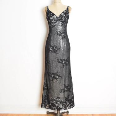 vintage Y2K prom dress black lace crochet silver mirror sequin long maxi S M clothing 