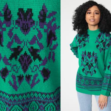 80s Sweater Kelly Green Geometric Sweater Purple Print Knit Jumper 1980s Hipster Statement Grunge Vintage Pullover Retro Medium 