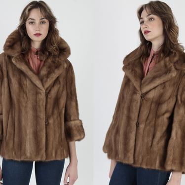 Womens Autumn Haze Mink Fur Coat / Vintage 60s Real Fur Cropped Jacket / Large Full Collar Jacket With Pockets 