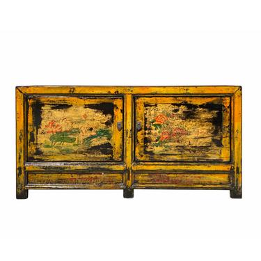 Chinese Distressed Yellow Flower Sideboard Table TV Console Cabinet cs6905E 